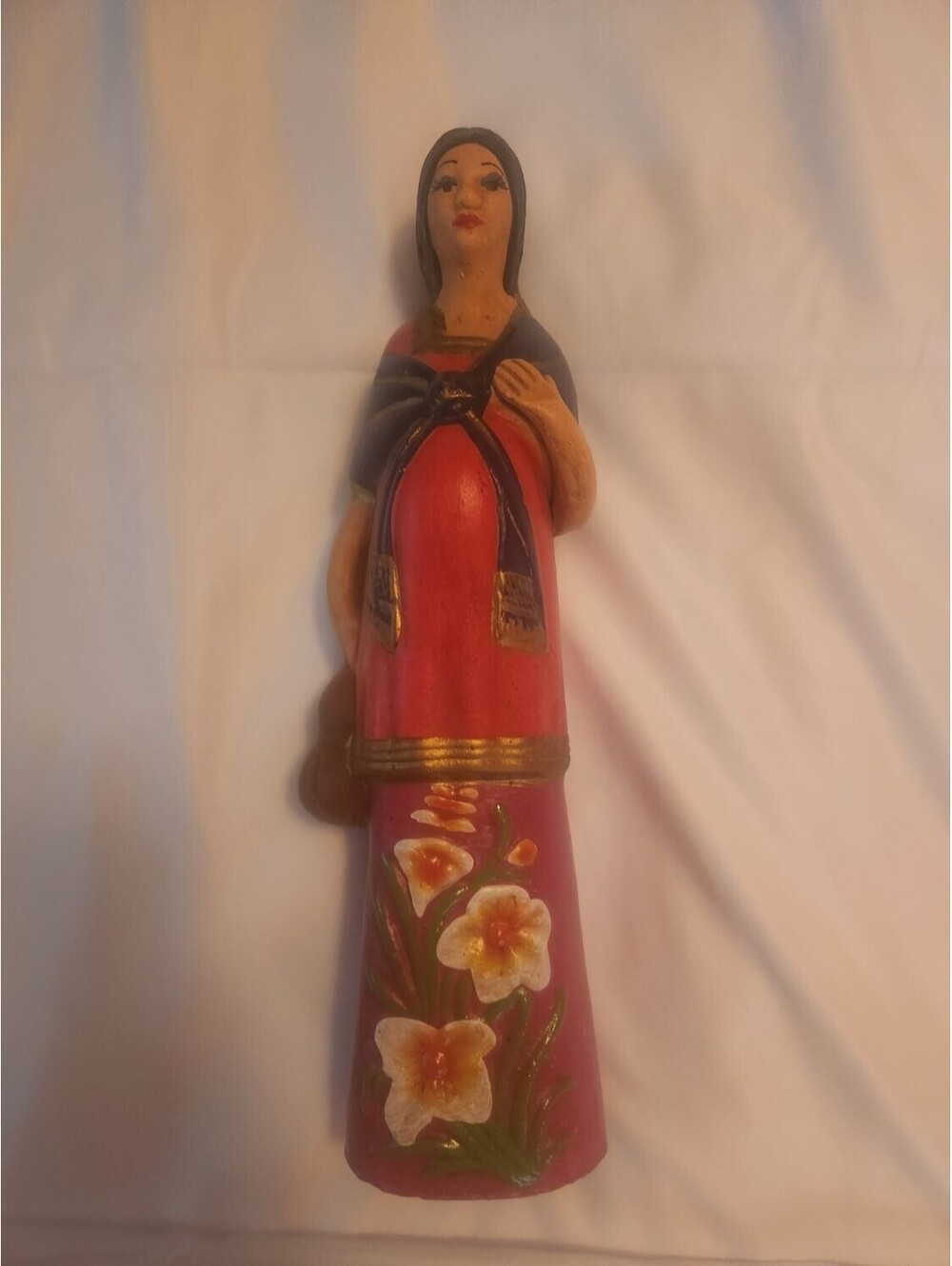 Vintage Mexican Folk Art Hand Painted Terracotta Clay Woman